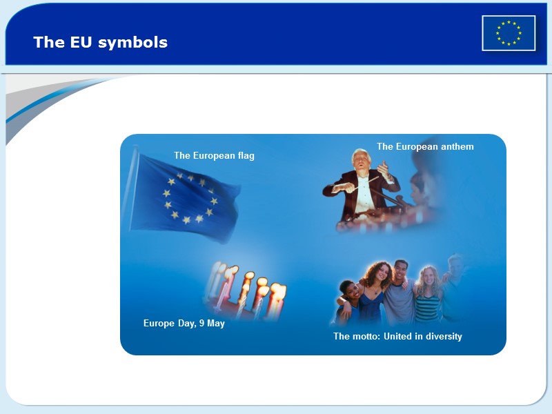 The EU symbols The European flag The European anthem Europe Day, 9 May The